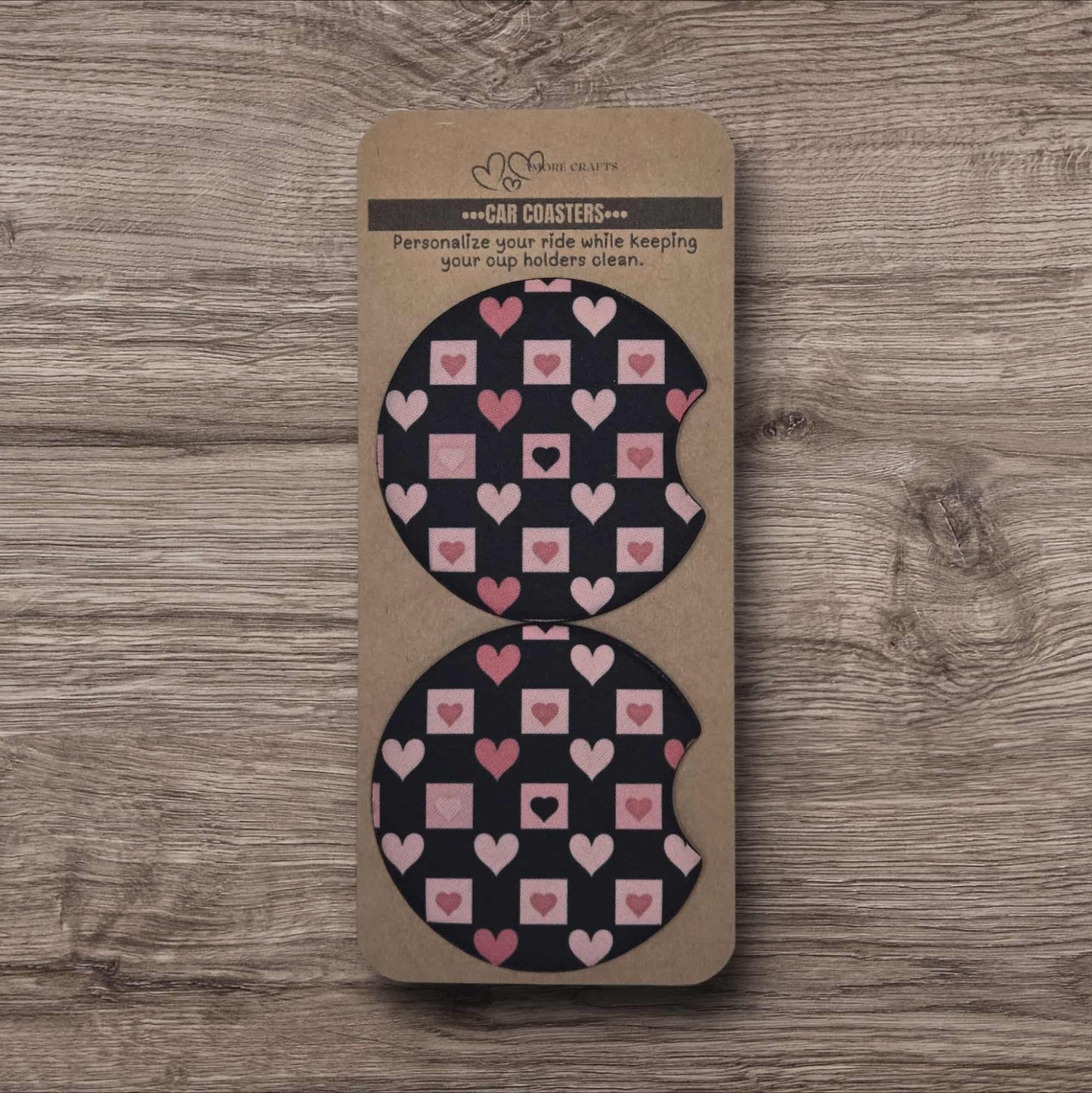 Car Coasters - Pink Heart Checkerboard
