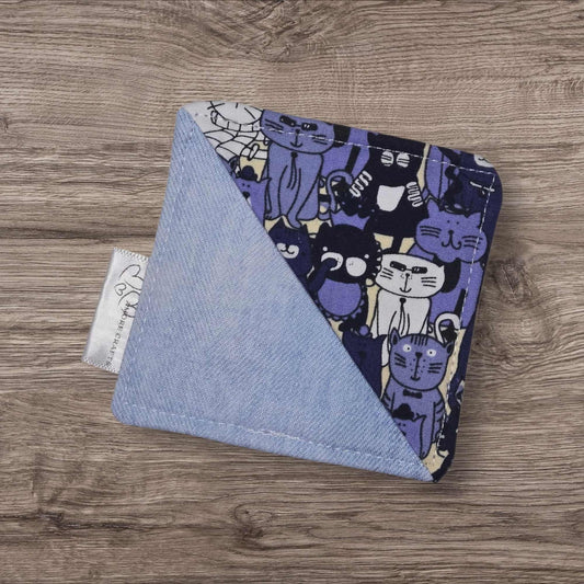 Fabric Corner Bookmark - Cartoon Cats, Blue on Light Denim